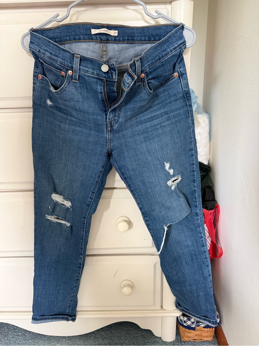 Boyfriend Distressed Blue Denim Jeans - Casual Relaxed Fit